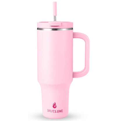 tea rose pink 40 oz insulated tumbler with handle and straw